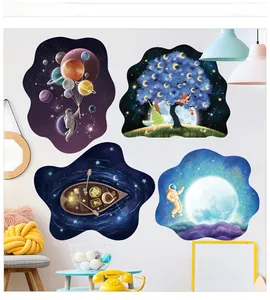 Detail view of four 3D space-themed wall stickers featuring astronauts and moons