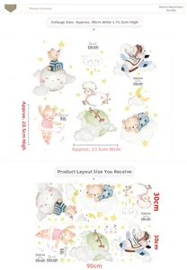 Detail view of cartoon bear and moon wall decals with layout and dimensions 90x75.5cm