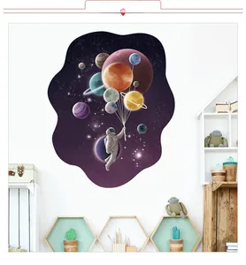 Sticker mural 3D espace avec astronaute et ballons planètes pour chambre d'enfant