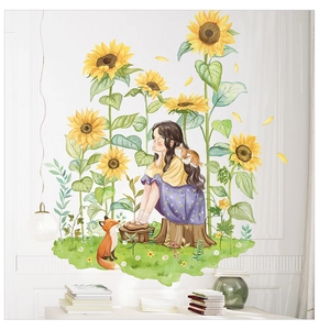 Close-up of pastoral wall sticker with sunflower girl cat and fox on white wall