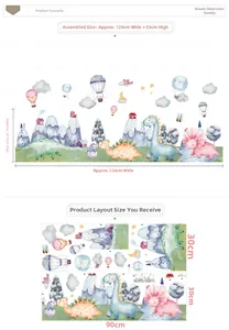 Size chart showing dinosaur wall sticker dimensions 126x55cm for kids rooms