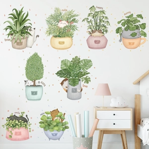 Nordic Style Cartoon Cat Potted Plant PVC Wall Stickers Waterproof Removable Monstera Leaf Decals For Bedroom Kids Room