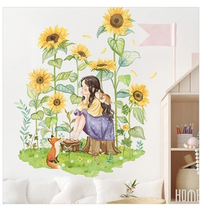 Detail of sunflower wall sticker featuring a girl, cat, and fox in a cozy living room