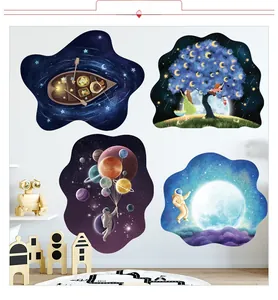 Vue détaillée des stickers muraux 3D astronaute dans une chambre d'enfant douillette