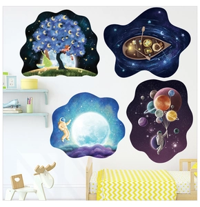 Detail showing 4 large outer space wall decals featuring astronauts and stars in a nursery