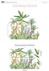 Detail of jungle animal wall stickers showing layout dimensions and giraffe elephant designs