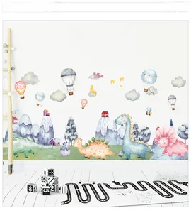 Nursery wall sticker with watercolor dinosaurs and snow mountains in a cozy room