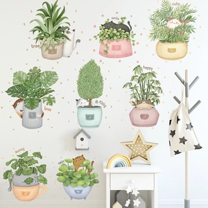 Set of 8 cute cartoon cat and potted plant wall stickers for a fresh bedroom decor