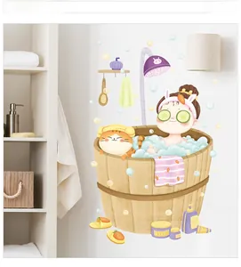 Close-up of a cartoon girl and cat in a bathtub wall sticker for bathroom decor