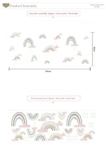 Detailed size guide for boho rainbow wall decals showing 101x42cm application dimensions