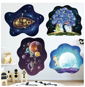 Detail of 4-piece dream space wall stickers with astronaut and moon in a kids room