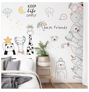 Detailansicht niedlicher Wandtattoo-Tiere mit Pandas und Rehen in sanften Macaron-Farben