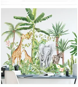 Detail of tropical rainforest wall decals with giraffe and elephant watercolor motifs