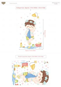 Detail showing bath scene layout and layout dimensions for cute boy wall sticker