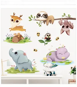 Macro view of cartoon forest animal wall stickers with deer, elephant and hippo in a room