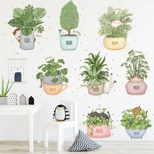 Cute cartoon cat and potted plants wall stickers for minimalist home wall decoration