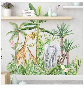 Macro detail of tropical watercolor wall stickers with giraffes and elephant in kids room