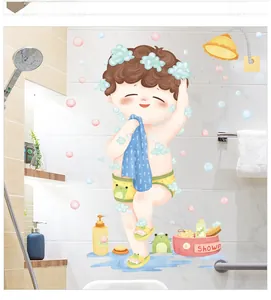Detail show of cartoon boy bathing wall sticker with frog and bubbles on bathroom tile