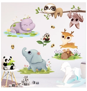 Detail showing cute cartoon sloth and hippo wall stickers in a cozy nursery room setting