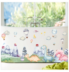 Detailed watercolor dinosaur wall decals on white surface with balloons and snowy mountains