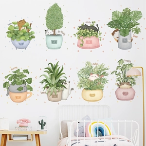 Cute cartoon cats and potted plants wall stickers in macabre colors for kids room decor