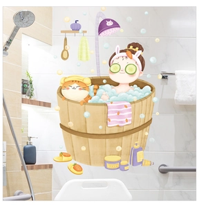 Detailed wall sticker showing a girl and cute cat in a bath on white marble tiles