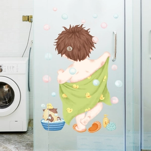 Cute cartoon boy with duck towel bathroom wall stickers for glass door decoration