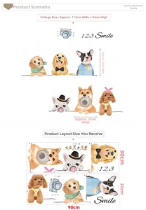 Detailed size chart showing a 112x96cm layout of cartoon dog wall stickers for kids