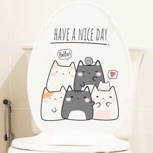 Cartoon Cat Toilet Lid Sticker Waterproof PVC Bathroom Wall Decal Have A Nice Day Slogan Home Decor Toilet Tank Sticker