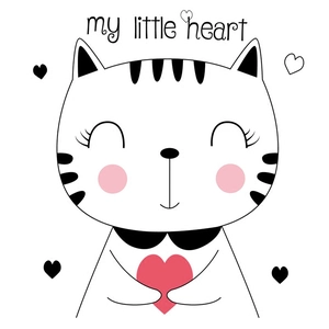 Cute cartoon cat wall sticker with red heart and 'my little heart' slogan for decor
