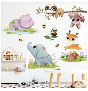 Detailed view of Morandi-colored forest animal wall stickers on a clean nursery wall