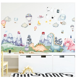 Detail of watercolor dinosaur wall stickers with snow mountains for kids bedroom decoration