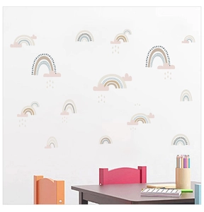 Detailed view of rainbow and cloud wall stickers in Morandi tones on a white nursery wall