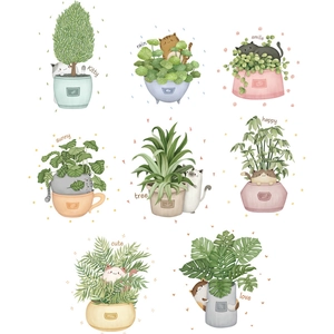 Hand-painted cute cat and potted plant wall stickers set for bedroom decor