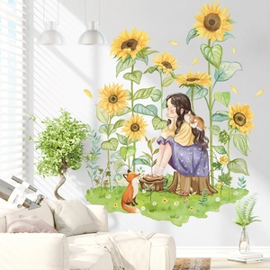 Nordic Pastoral Girl Sunflower Wall Sticker Waterproof PVC Watercolor Botanical Wall Decal For Living Room Bedroom Decor