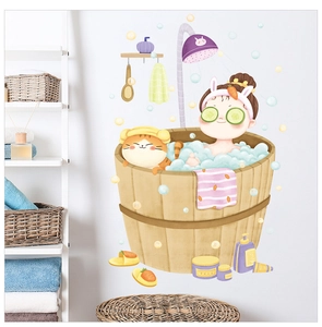 Detail of cartoon girl and cat in bathtub wall sticker for cozy bathroom decor
