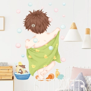 Cute cartoon boy bath time wall stickers with yellow duck and bubbles for bathroom decor