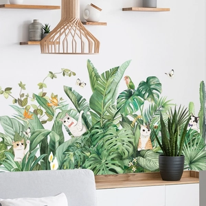 Nordic wall decals featuring lush tropical green plants and cute kittens for home decor