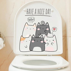 Waterproof bathroom toilet lid sticker featuring cute cartoon cat family and Hello text