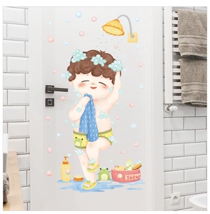 Detail of waterproof cartoon boy washing hair wall sticker for bathroom door decoration