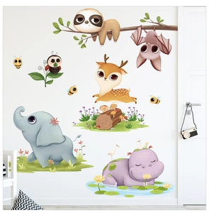 Watercolor woodland animals wall stickers set featuring elephant and deer for nursery decor