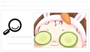 Close-up of cartoon girl bathroom wall sticker with pink bunny ears and cucumber slices