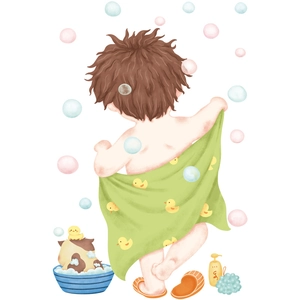 Cute watercolor wall sticker featuring a toddler in duck towel and bathing cow cartoon