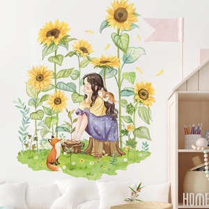 Pastoral style sunflower wall stickers with a girl and fox for home interior decor