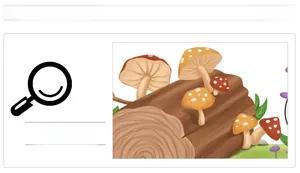 Detail of cartoon forest wall decals showing red mushrooms and wooden log textures