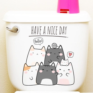 Waterproof cute cartoon cat toilet stickers with Have a Nice Day text for bathroom decor