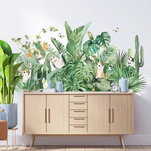 Nordic style wall stickers with tropical green plants and cute cats for home decor