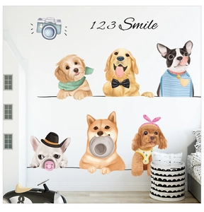 Detail of cute watercolor puppy wall stickers with cameras and 123 Smile text for nursery