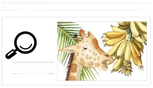 Detail of watercolor giraffe, bananas and palm leaves on tropical plant wall sticker