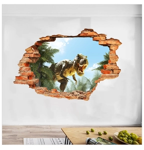 Détail d'un sticker mural 3D T-Rex traversant un mur de briques dans une chambre d'enfant